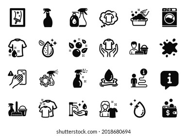 Vector Set of Cleaning icons related to Water drop, Dirty water and Dirty spot icons. Cleaning spray, Dont touch and Cleaning liquids signs. Clean t-shirt, Hold t-shirt and Washing machine. Vector