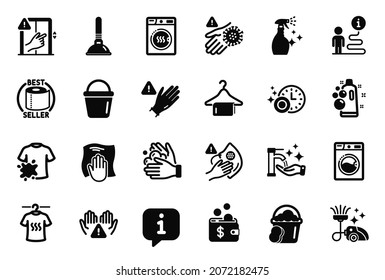 Vector Set Of Cleaning Icons Related To Vacuum Cleaner, Dryer Machine And Dry T-shirt Icons. Clean Bubbles, Dont Touch And Dirty Mask Signs. Toilet Paper, Plunger And Dirty T-shirt. Bucket. Vector