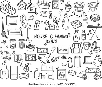 Vector Set Of Cleaning Icons - Washing Machine, Household Chemicals, Car Wash, Vacuum Cleaner. Flat Line Style.