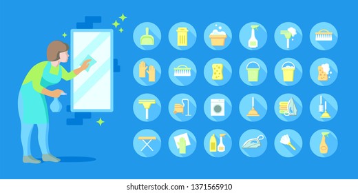 vector set of cleaning images contains a housekeeper who wipes a mirror, icons of cleaning products and cleaning products