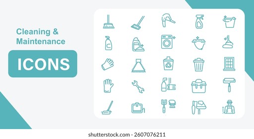 a vector set of cleaning and maintenance icons. perfect for illustrating housekeeping services, cleaning equipment, and supplies. the outline style is clean and modern for graphic design needs. 200

