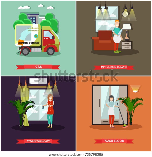 Vector set\
of cleaning posters, banners. Car, Mini vacuum cleaner, Wash\
window, Wash floor flat style design\
elements.