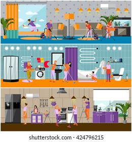 Vector set of cleaning service concept banners. People cleaning house, kitchen, bathroom and living room. Apartment interior. Housekeeping company team at work.