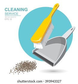 Vector Set of cleaning service elements. Cleaner. Housework tools. Garbage, dustpan and brush. Template for banners, web sites, printed materials, infographics