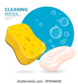 Vector set of cleaning service elements. Housework tools. Soap, sponge and soap foam bubbles. Cleaning supplies. Template for banners, web sites, printed materials, infographics