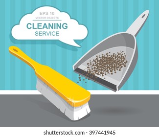 Vector Set of cleaning service elements. Cleaning supplies. Housework tools. Garbage, dustpan and brush. Template for banners, web sites, printed materials, infographics