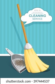 Vector Set of cleaning service elements. Housework tools. Garbage, dustpan and brush. Cleaning supplies. Template for banners, web sites, printed materials, infographics