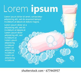 Vector set of cleaning service elements. Housework tools. Soap, sponge and soap foam bubbles. Cleaning supplies. Template for banners, web sites, printed materials, infographics