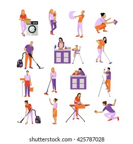 Vector set of cleaning service workers. People cleaning house, isolated on white background. Housekeeping company team at work.