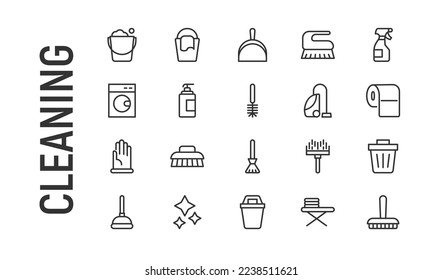 Vector set of cleaning thin line icons. Design of 20 stroke pictograms. Signs of cleaning isolated on a white background.