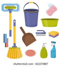 Vector set of cleaning tools. Flat design cleaning tools. Household supplies and cleaning tools icons set. Cleaning tools housework equipment and cleaning tools service detergent home hygiene.