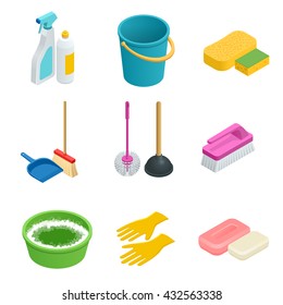 Vector set of cleaning tools. Flat 3d vector isometric illustration. ?leaning and cleanliness in the house or office. 