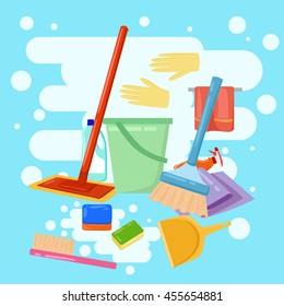 Vector set of cleaning tools. Household supplies Cleaning, washing. ironing. Graphic concept for web sites, web banner, web and mobile apps, infographics.
