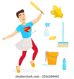 Vector set of cleaning tools. Scoop, a broom, a bucket, a brush, rubber gloves, a sponge, cleaning products. The man is cleaning