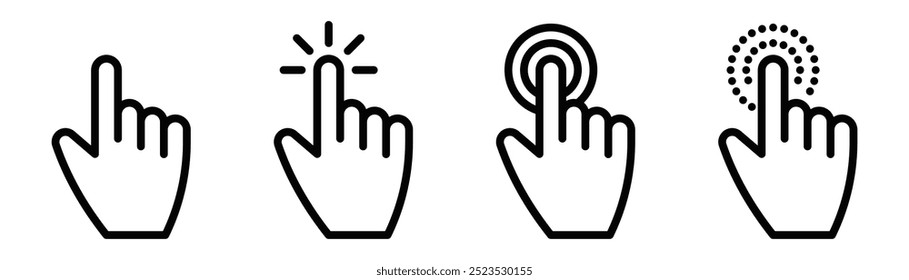 Vector set of click hand icons with different effects, representing actions like click, tap, or select in digital interfaces. Editable stroke.