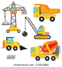 Vector Set Clip Art Construction Machinery.Tower Crane, Dumper, Crawler Crane,bulldozer,concrete Mixer. Many Construction Machines And Cars Have In My Portfolio.