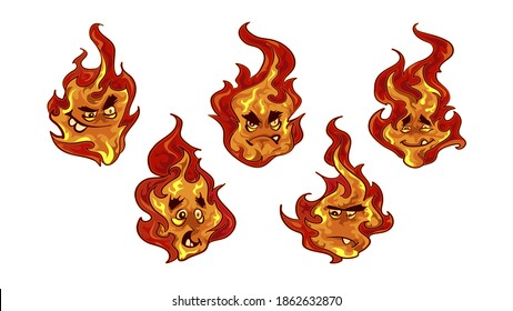 Vector set clip art illustration cartoon fire character isolated on white background. Design for print, t-shirt, logo, sticker
