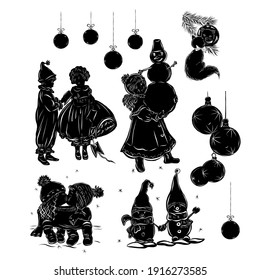 Vector set of clip art merry Christmas icons. Christmas balls, children, snowman, cat, kissing couple. Decor for postcards