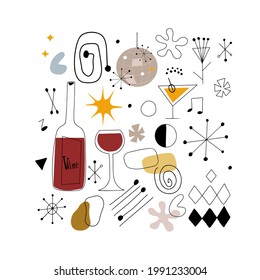 Vector set of clip art in mid century modern style, doodle icons isolated on white background. Abstract shapes and forms and martini, wine glass and bottle