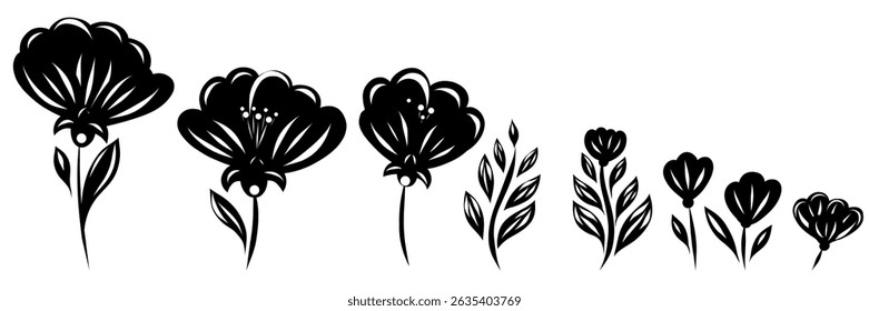 Vector set of clip arts of tracery monochrome poppies and leaves. Decorative black silhouette floral collection for prints, packaging, greeting cards, or stickers