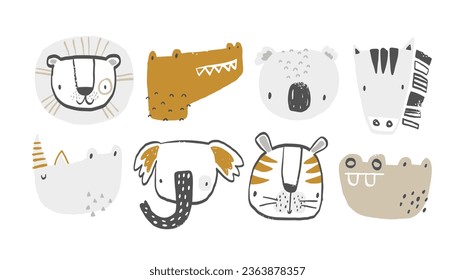 Vector set clipart collection with African, tropical animals. Crocodile, koala, zebra, rhinoceros, elephant, tiger, hippo, lion. Cute animals for children on white background. Hand-drawn illustration.