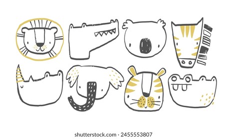 Vector set clipart collection with African, tropical animals. Crocodile, koala, zebra, rhinoceros, elephant, tiger, hippo, lion. Cute animals for children on white background. Hand-drawn illustration.