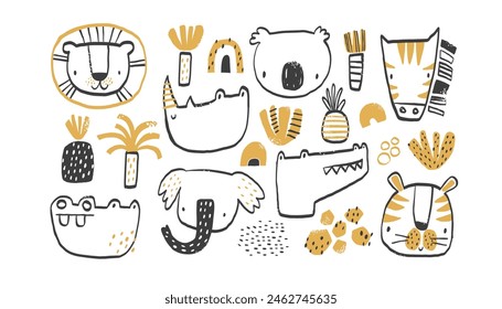 Conjunto de Vector colección Clipart con animales africanos, tropicales. Cocodrilo, koala, cebra, rinoceronte, elefante, tigre, hipopótamo, león. Árboles tropicales, palmeras, frutas y arcoíris. Ilustración dibujada a mano.
