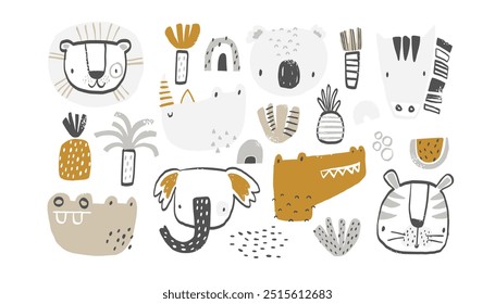 Coleção de clipart de conjunto vetorial com animais tropicais africanos. Crocodilo, coala, zebra, rinoceronte, elefante, tigre, hipo, leão. Árvores tropicais, palmeira, frutas e arco-íris. Ilustração desenhada à mão.