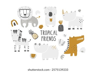 Vector set clipart collection with African, tropical animals. Crocodile, koala, zebra, rhinoceros, hippo, lion. Cute animals for children on white background. Hand-drawn illustration for kids.