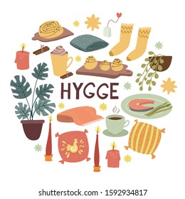 vector set of clipart cozy stuff. hygge house. comfortable christmas. time for yourself, home comfort, delicious food, fresh pastries, home plants, warm plaid, candles, romantic atmosphere. lagom