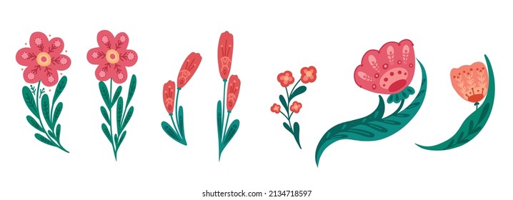 Vector set of clipart of flowers on stems with folk ornaments isolated from background. Collection of floral arrangement with naive ornaments. Various tulip with national decoration for card