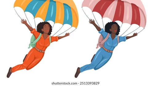 Vector set of clipart happy African women jumping with parachute isolated from background. Collection of flying training skydiver. Extreme sport. Flat style illustration