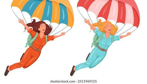 Vector set of clipart happy womens jumping with parachute isolated from background. Collection of flying skydiver. Extreme sport. Flat style illustration