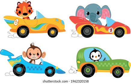 Vector set of clipart modern cartoon racing cars with Animal drivers. Elephant, Tiger, Monkey, Penguin. Auto kids funny and cute logo. Boys print - for clothes, cards, banners. Cartoon character fun