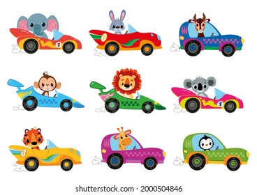 Conjunto vectorial de coches de carreras de caricaturas clipart moderna con conductores animales. Conejo, Elefante, León, Koala, Pingüino, Girafa, Tigre. Los niños del auto son graciosos y un lindo logo. Impresión aislada. Caricatura divertida.