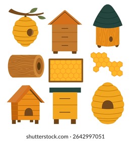 Vector set of clipart on the theme of beekeeping. Collection of houses for bees, apiaries, farms, frame with honeycombs in vector flat style. Images for banners, postcards and articles