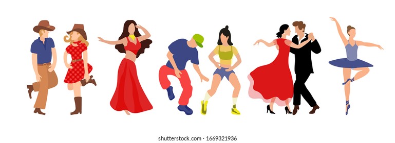 Vector Set Of Clip-art Professional Dance Couple Dancing Tango, Country, Hip Hop, Belly Dance, Ballet. Illustration Of A Flat Faded Style For The Design Of A Competition Poster Or Dance School