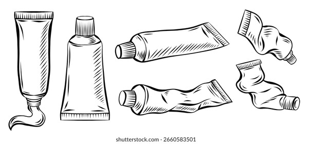 Vector conjunto de Clipart con tubos de acrílico y pintura al óleo. Colección de la pasta de dientes dibujada por el contorno con la eclosión aislada del fondo. Esboza herramientas artísticas.
