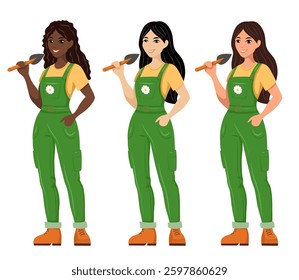 Vector set of cliparts of women gardeners of different nationalities. Collection of happy women farmers in green overalls isolated from background. Illustrations for banners and postcards