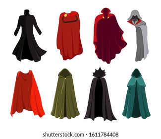 Vector set of cloaks. Cloaks party clothing and hero costume set. Carnival clothes. Red cloaks super heroes, comics characters сlothing. Wizard, elf, vampire.