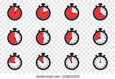 Vector set of clock, alarm clock, timer PNG. Timer, clock on an isolated transparent background. Timer with different time indicator. Сlock icon png.