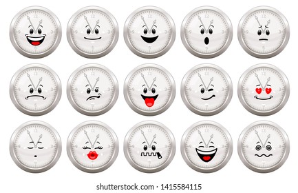 Vector set of clock emoticons. Collection of characters of cute watch with different emotions in cartoon style on white background. Concept of time, management, deadline.