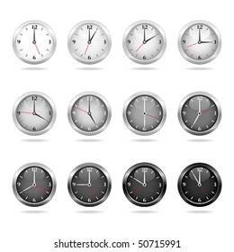 Vector set of clocks showing hourly times from day to night. JPG and TIFF image versions of this vector illustration are also available in my portfolio.