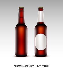 Vector Set of  Closed Blank Glass Transparent Brown Bottles of  Dark Red Beer with without White labels for Branding Close up Isolated on White Background