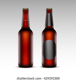 Vector Set of  Closed Blank Glass Transparent Brown Bottles of  Dark Red Beer with without Black labels for Branding Close up Isolated on White Background