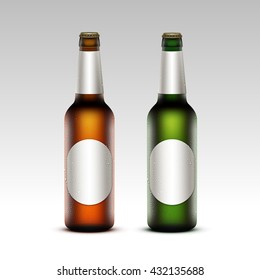 Vector Set of  Closed Blank Glass Transparent Brown Green Yellow Orange Frosty Bottles of  Light Beer with Drops of Water with Round White labels for Branding Close up Isolated on White Background