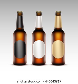 Vector Set of Closed Blank Glass Transparent Brown Bottles with Round White Black Golden labels Light Beer for Branding Close up Isolated on White Background