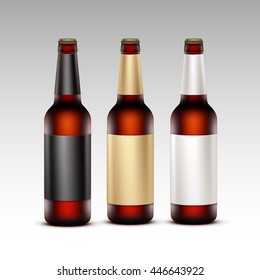 Vector Set of Closed Blank Glass Transparent Brown Bottles Dark Red Beer with White Black Golden labels for Branding Close up Isolated on White Background