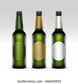 Vector Set of Closed Blank Glass Transparent Green Bottles Light Beer with Round White Green Golden labels for Branding Close up Isolated on White Background