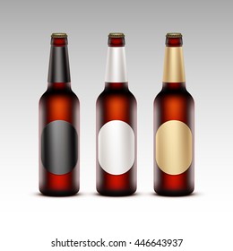 Vector Set of Closed Blank Glass Transparent Brown Bottles Dark Red Beer with Round White Black Golden labels for Branding Close up Isolated on White Background